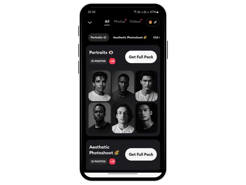 Image of a screenshot of multiple editing filters of the Remini app